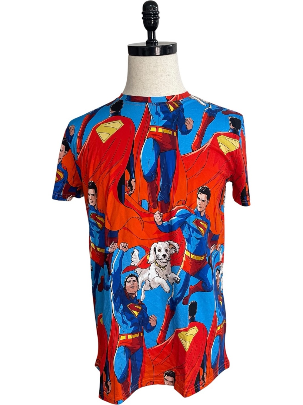 Superman and Krypto Superdog All-Over Print Graphic T-Shirt Tee Red Blue
